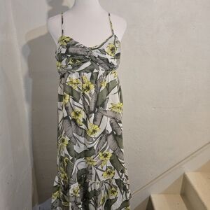 Banana Republic Green and Yellow Floral Midi Dress Size 8
